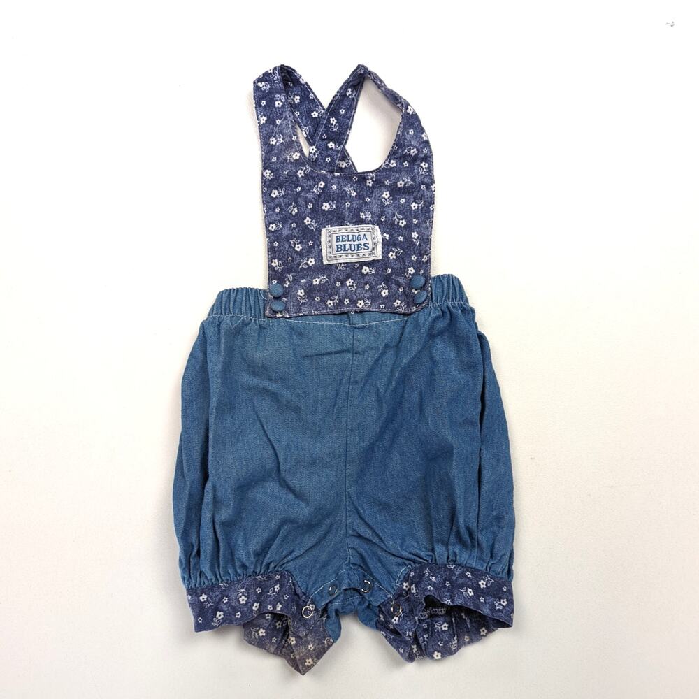 Vintage Beluga Blues Romper Baby Girls Size 12m Blue Floral Bubble Overalls